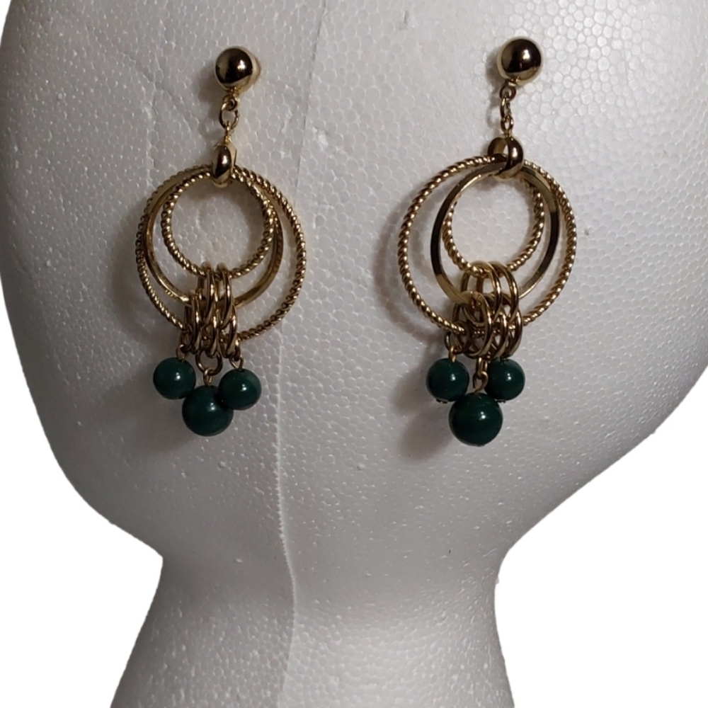 GOLD &‎ GREEN TRIPLE  TEARDROP HOOPS EARRINGS